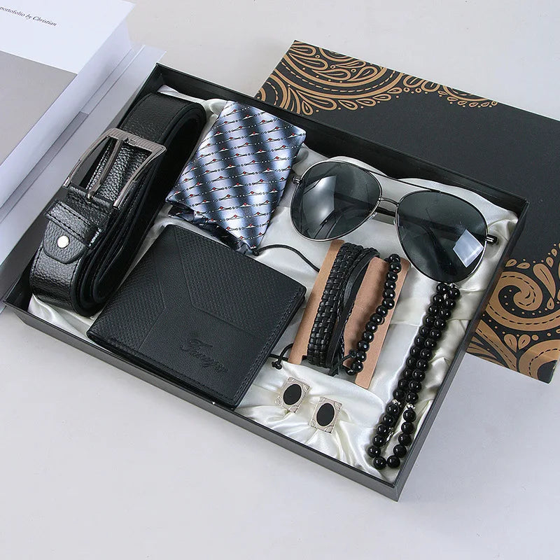 Corporate Gifts Men's Business Quartz Watch Men's Luxury Set 6-in-1 Watch Glasses Pen Keychain Belt Wallet Set Gift Box