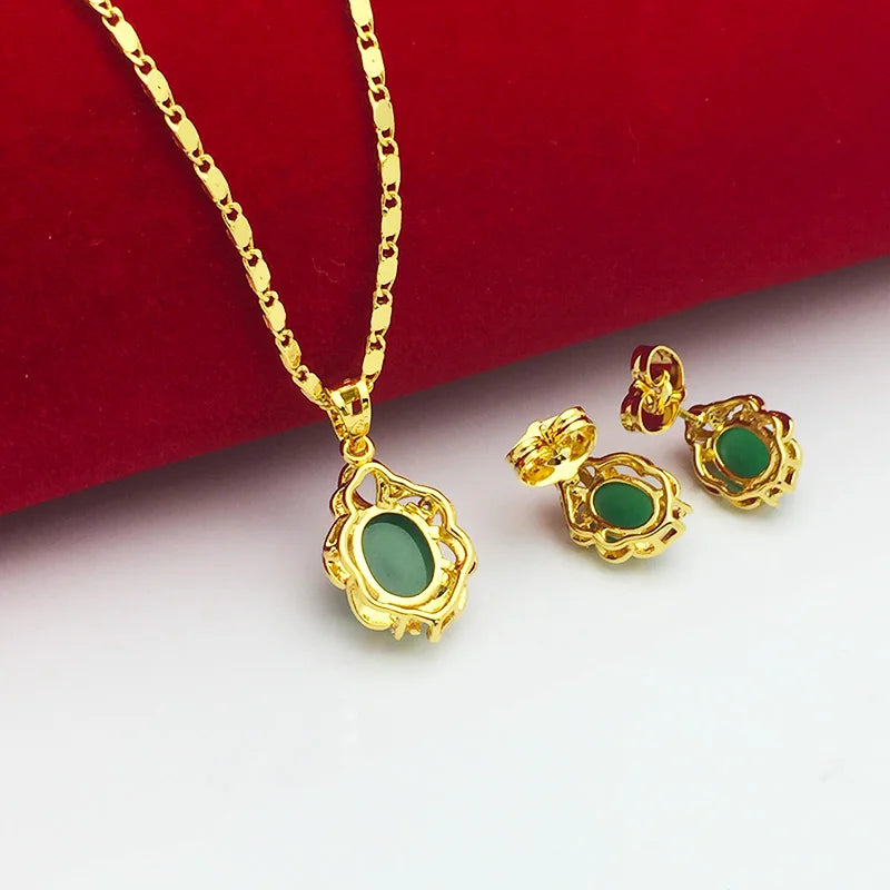 Gold Plated Emerald Pendant Necklace & Earrings Set