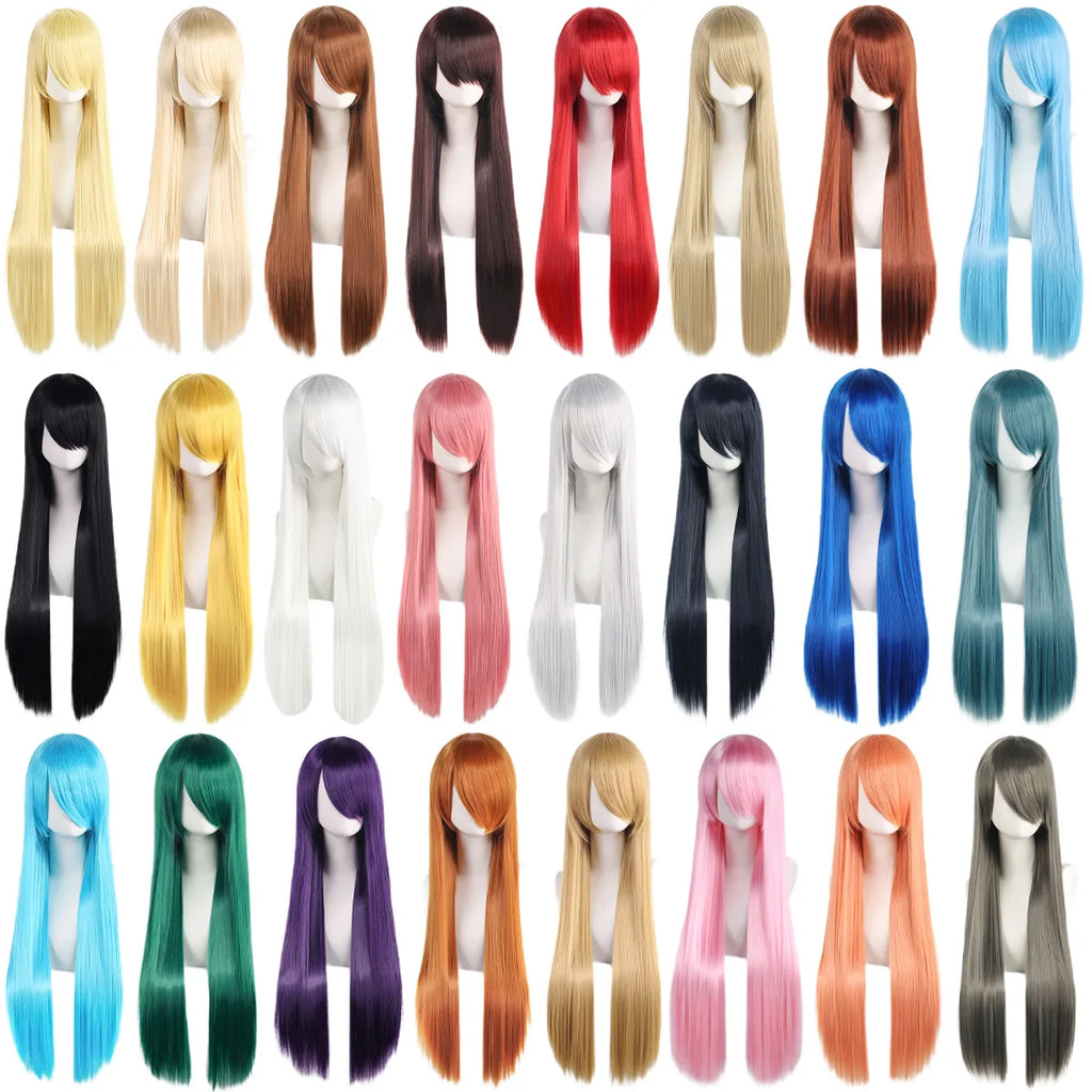 Long Straight Wig with Bangs, 80 cm