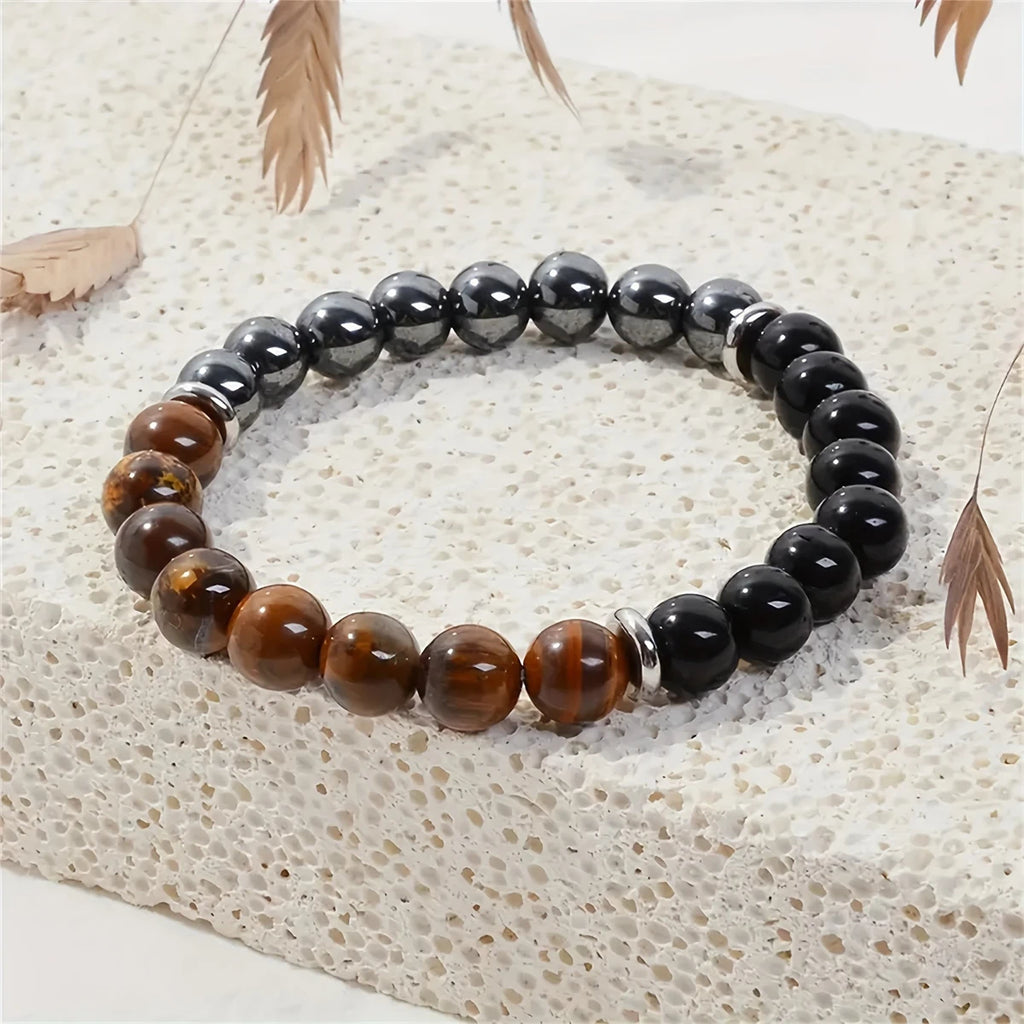 Tiger Eye, Black Obsidian & Hematite Bead Bracelet – 8mm Gemstone Design