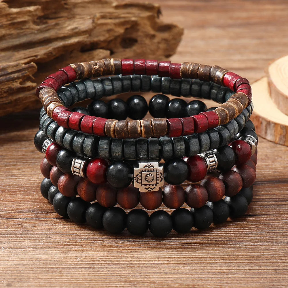 Boho Wood Bead Charm Bracelet Set