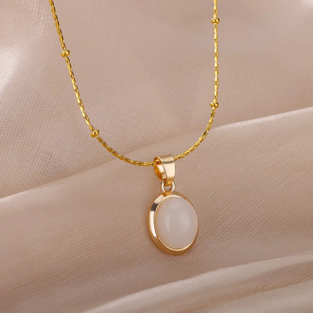 Gold Opal Oval Pendant Necklace for Women