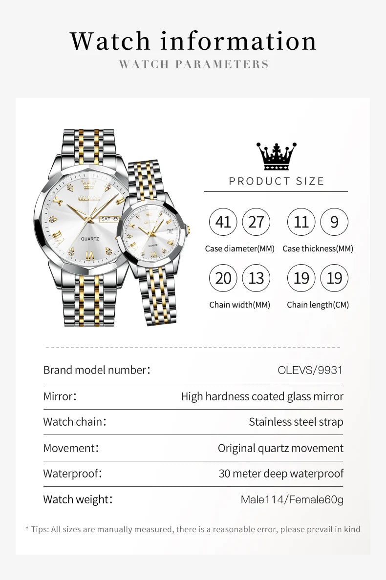 OLEVS 9931 Luxury Couple Quartz Watches