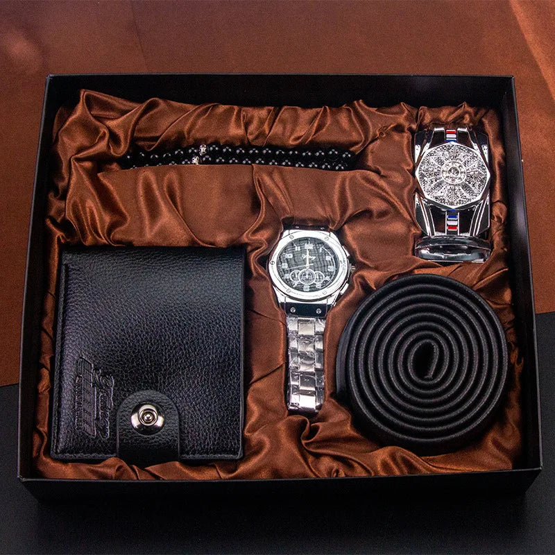 Corporate Gifts Men's Business Quartz Watch Men's Luxury Set 6-in-1 Watch Glasses Pen Keychain Belt Wallet Set Gift Box