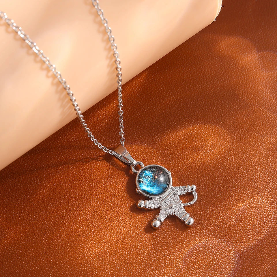Gold Astronaut Moon & Planet Pendant Necklace