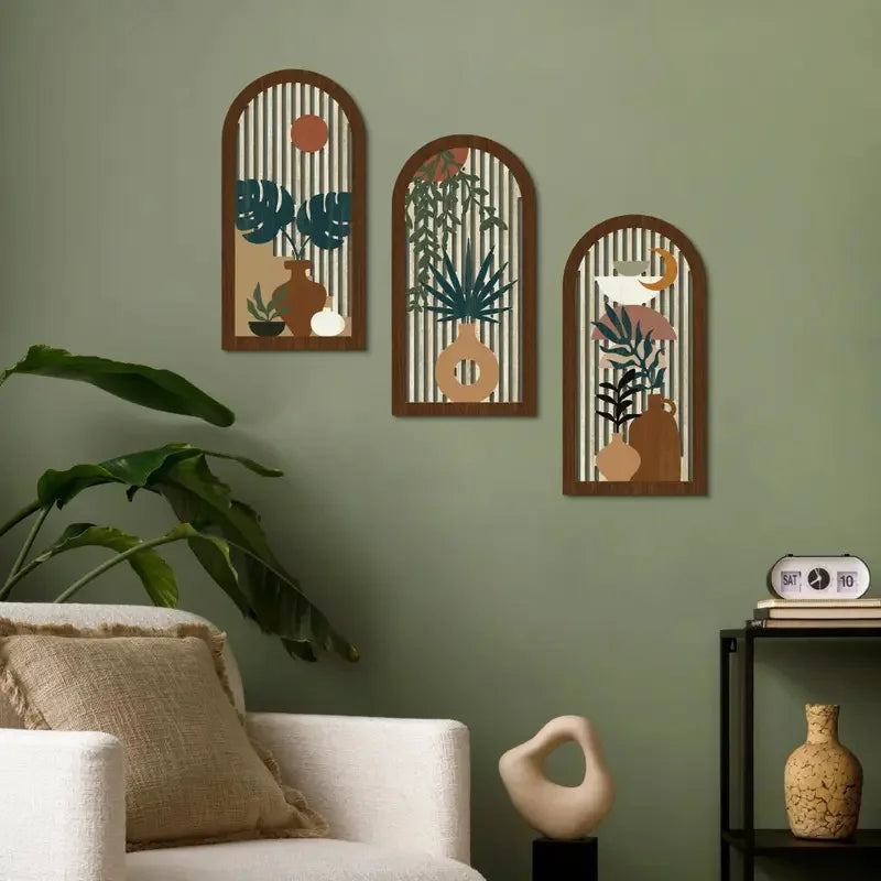 Wooden Vase and Banana Leaf Wall Art