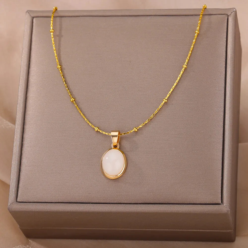Gold Opal Oval Pendant Necklace for Women