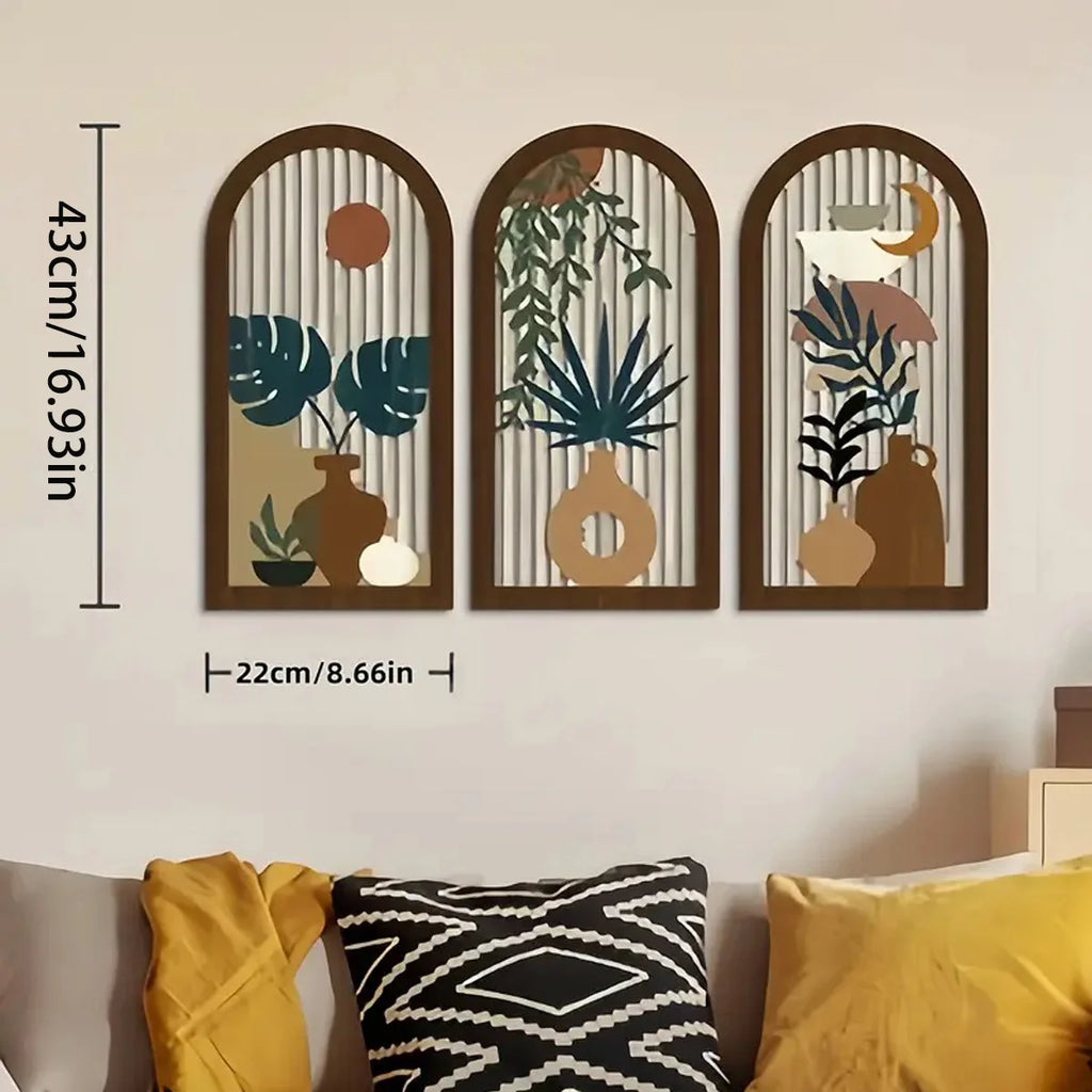 Wooden Vase and Banana Leaf Wall Art