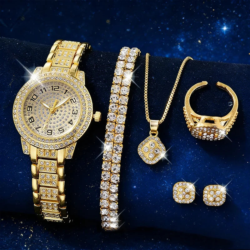 Luxury Women’s Gold Quartz Diamond Watch Set