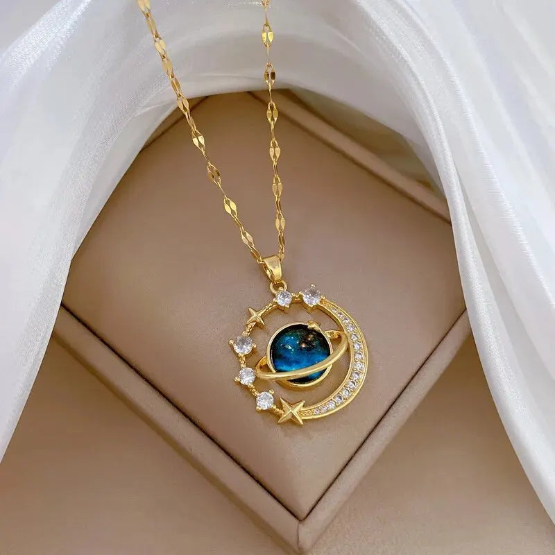 Gold Astronaut Moon & Planet Pendant Necklace