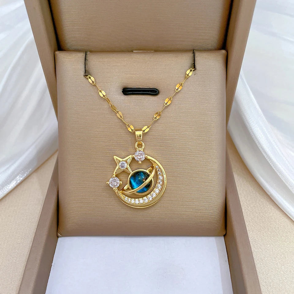 Gold Astronaut Moon & Planet Pendant Necklace