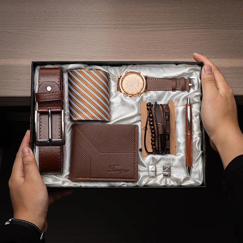 Corporate Gifts Men's Business Quartz Watch Men's Luxury Set 6-in-1 Watch Glasses Pen Keychain Belt Wallet Set Gift Box