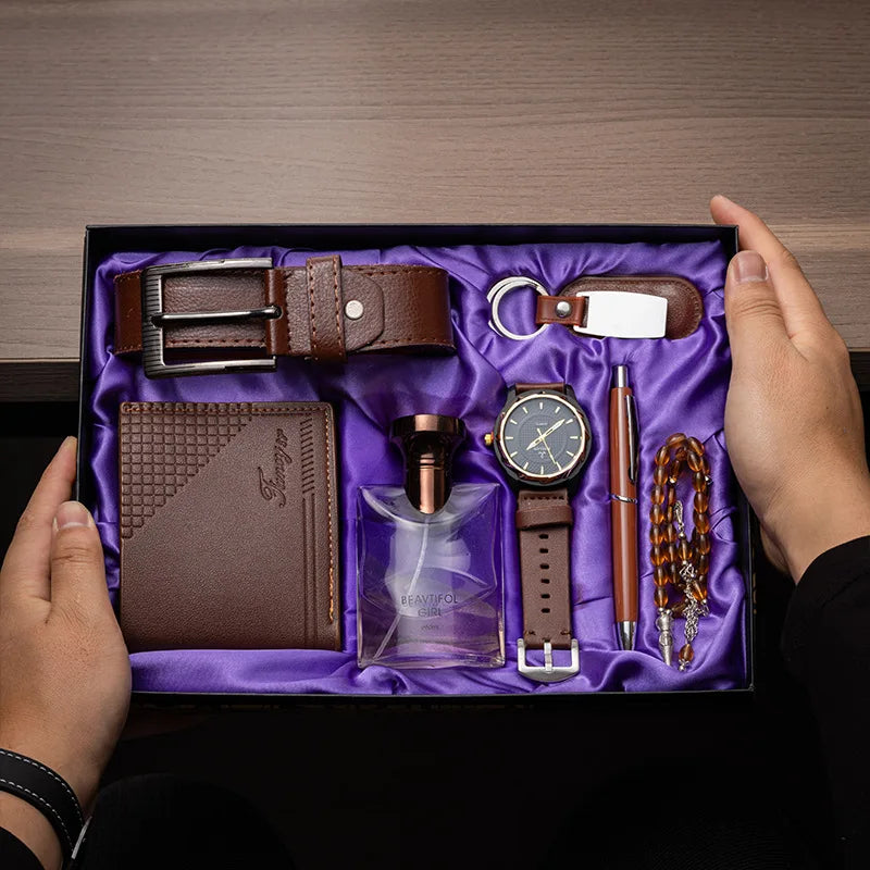 Corporate Gifts Men's Business Quartz Watch Men's Luxury Set 6-in-1 Watch Glasses Pen Keychain Belt Wallet Set Gift Box