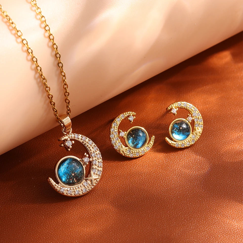 Gold Astronaut Moon & Planet Pendant Necklace
