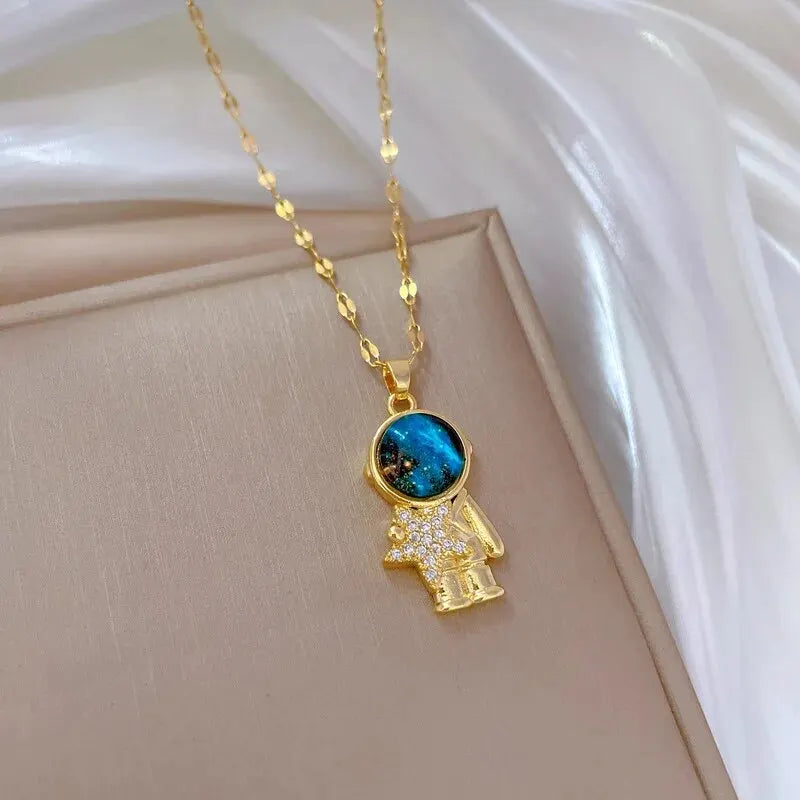 Gold Astronaut Moon & Planet Pendant Necklace