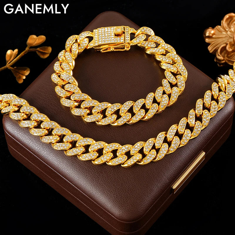 GANEMLY 18K Gold Cuban Chain Jewelry Set
