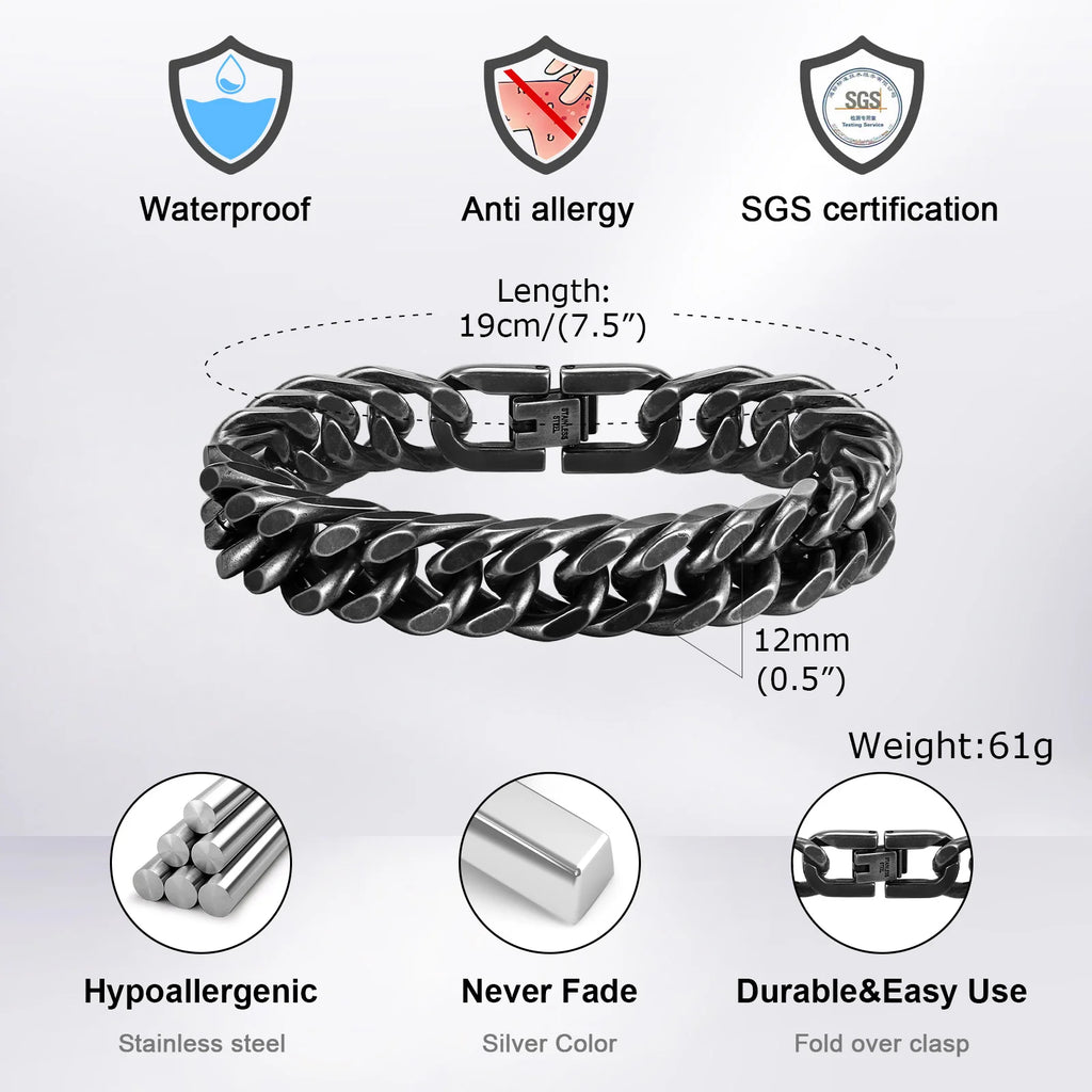 Vnox 8mm/12mm Bold Heavy Stainless Steel Cuban Bracelets for Men, Oxidized Metal Wristband, Punk Rock Chain Bracelet Jewelry
