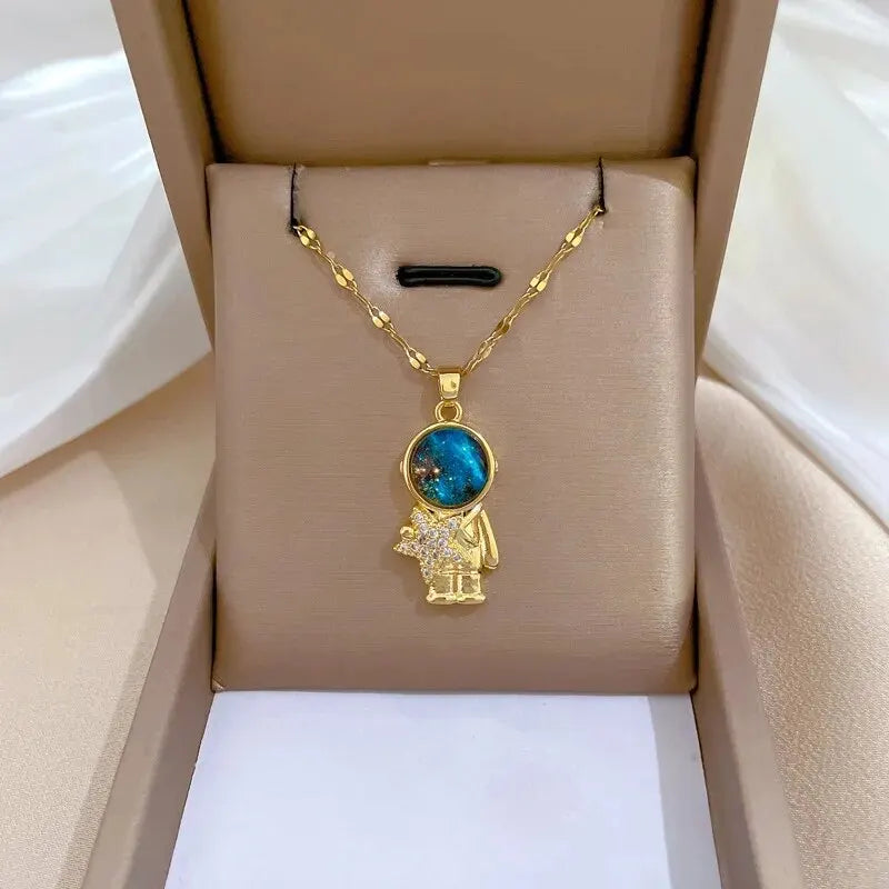 Gold Astronaut Moon & Planet Pendant Necklace