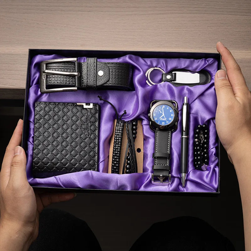 Corporate Gifts Men's Business Quartz Watch Men's Luxury Set 6-in-1 Watch Glasses Pen Keychain Belt Wallet Set Gift Box
