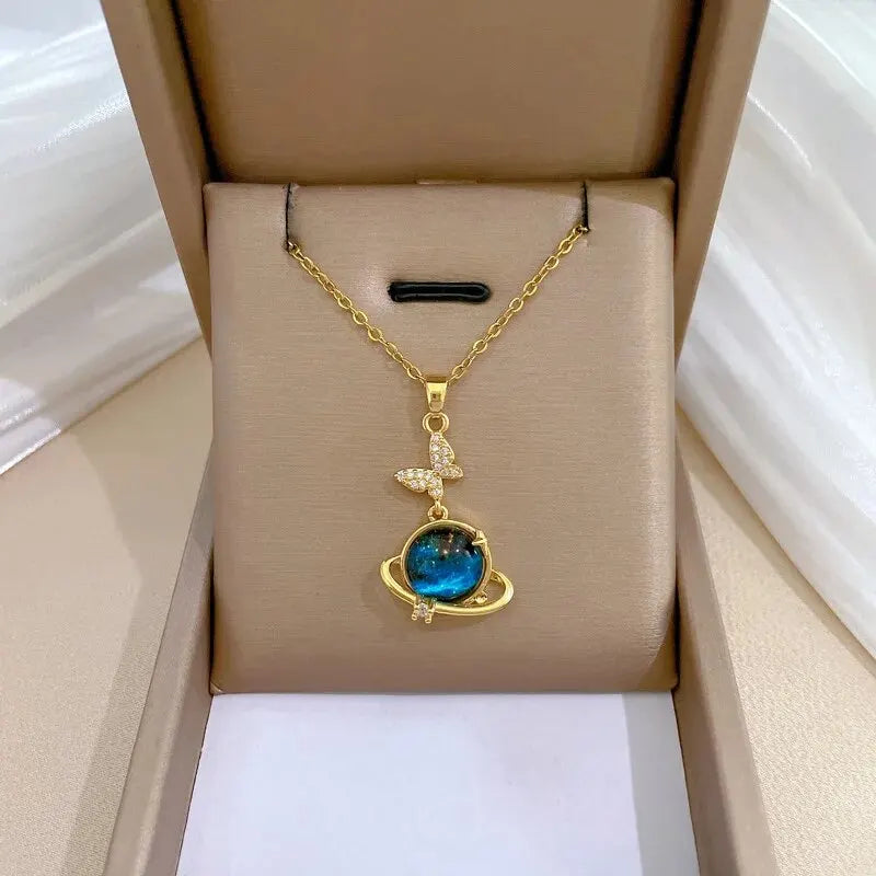 Gold Astronaut Moon & Planet Pendant Necklace