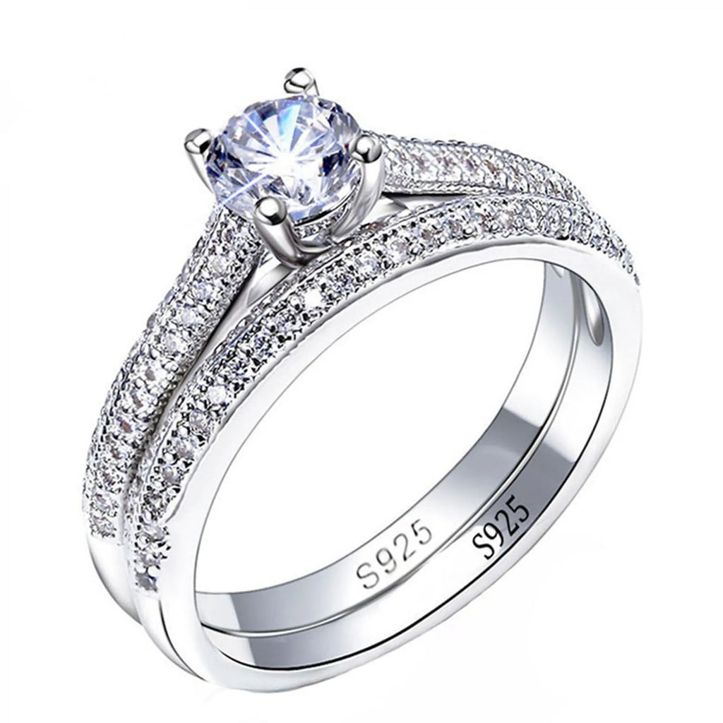 Sterling Silver Halo Wedding Ring Set for Women