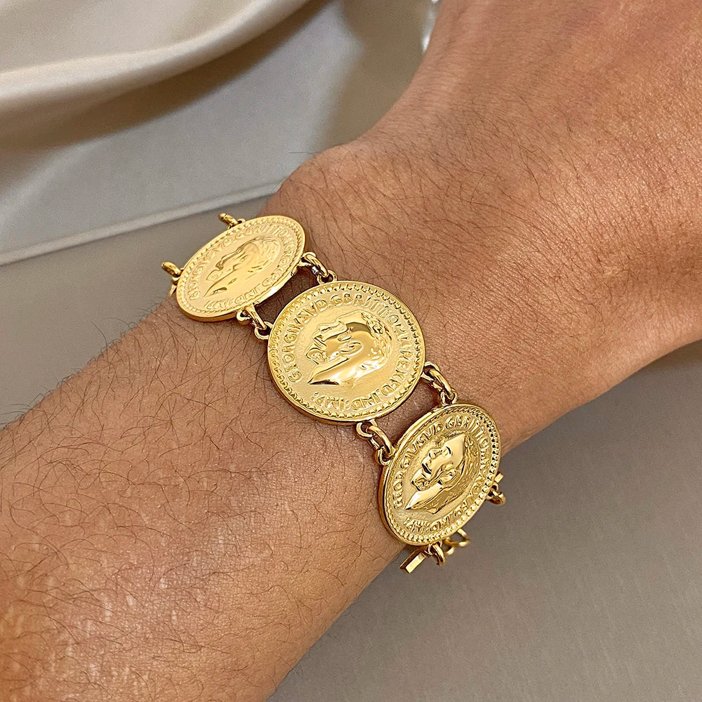 Gold-Plated Stainless Steel Coin Cuff Bracelet