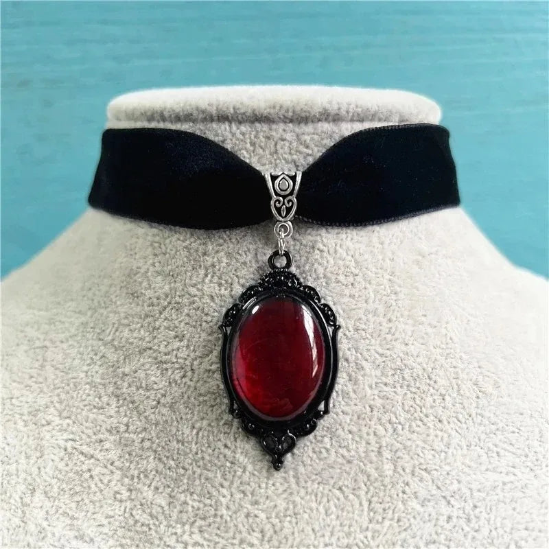 Gothic Blood Red Velvet Witch Choker Necklace