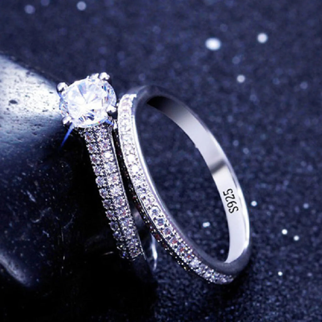 Sterling Silver Halo Wedding Ring Set for Women