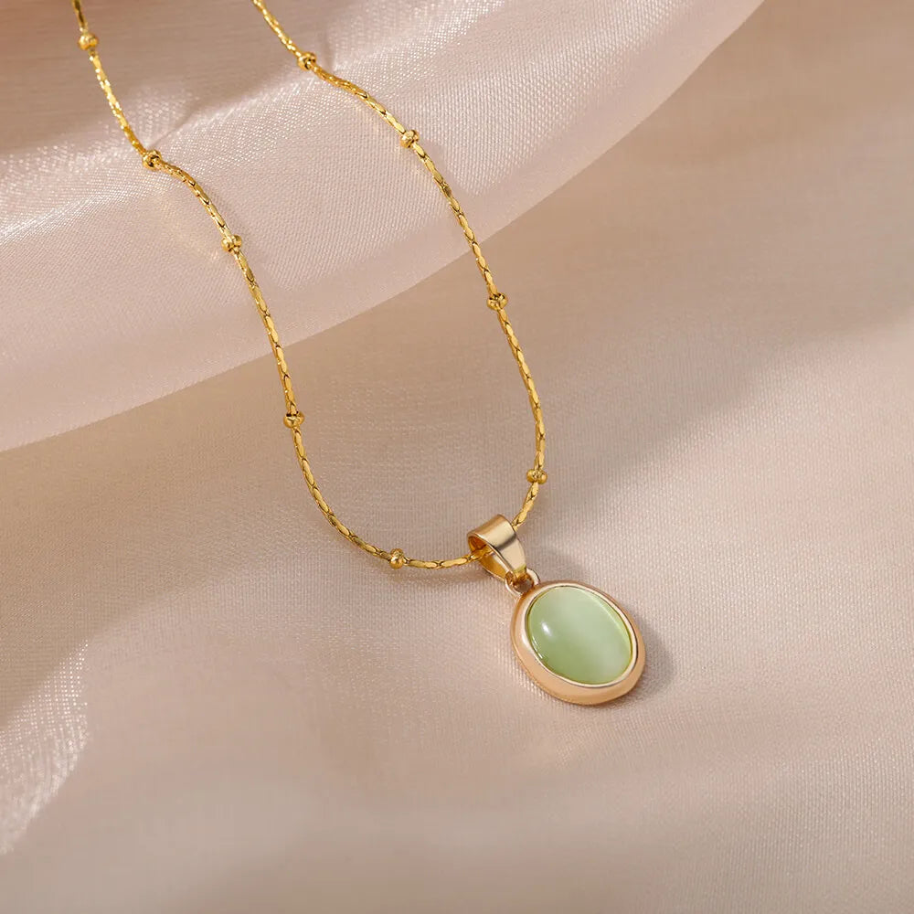 Gold Opal Oval Pendant Necklace for Women