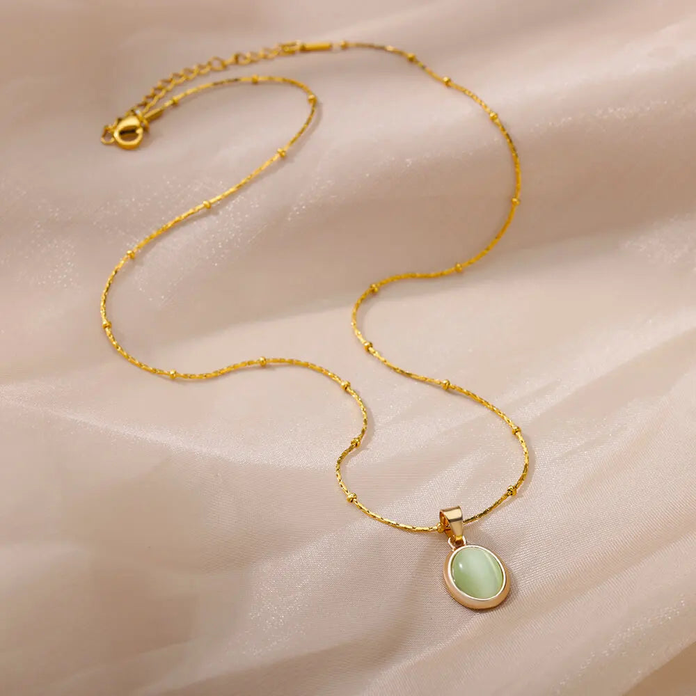 Gold Opal Oval Pendant Necklace for Women