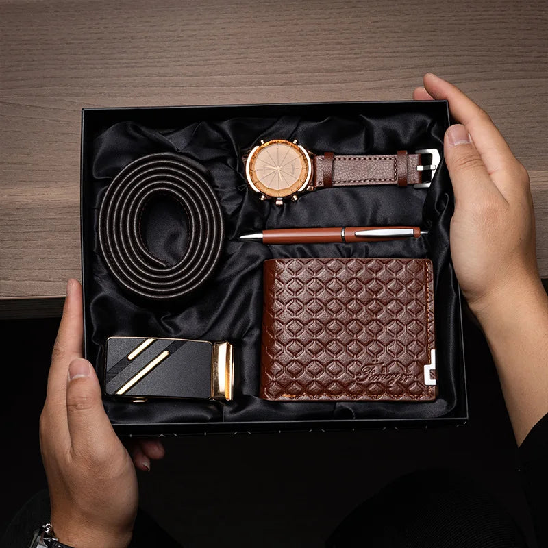 Corporate Gifts Men's Business Quartz Watch Men's Luxury Set 6-in-1 Watch Glasses Pen Keychain Belt Wallet Set Gift Box