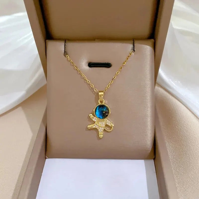 Gold Astronaut Moon & Planet Pendant Necklace