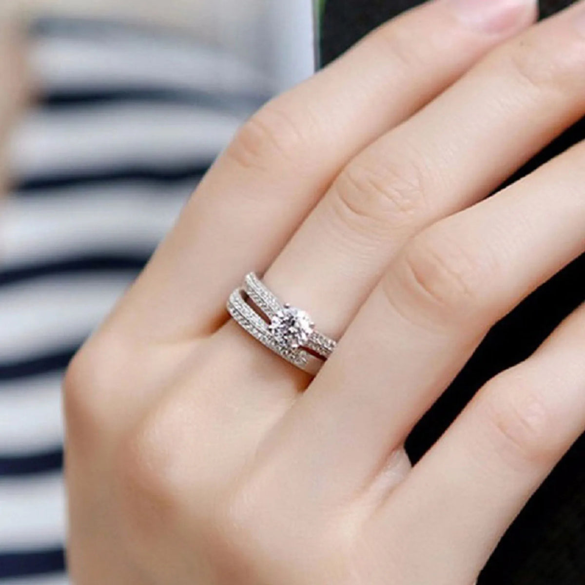 Sterling Silver Halo Wedding Ring Set for Women