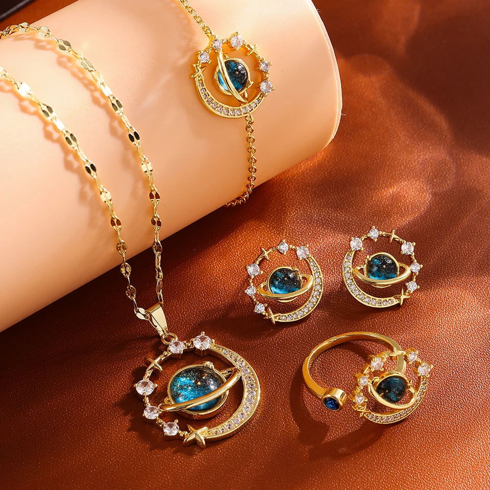Gold Astronaut Moon & Planet Pendant Necklace