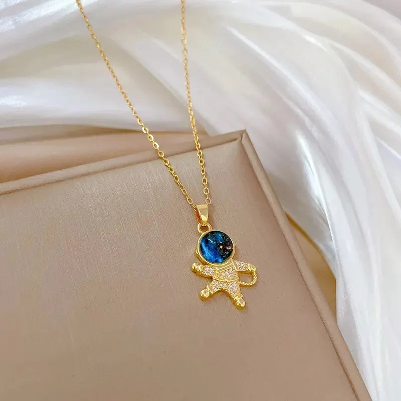 Gold Astronaut Moon & Planet Pendant Necklace