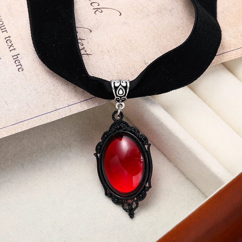 Gothic Blood Red Velvet Witch Choker Necklace