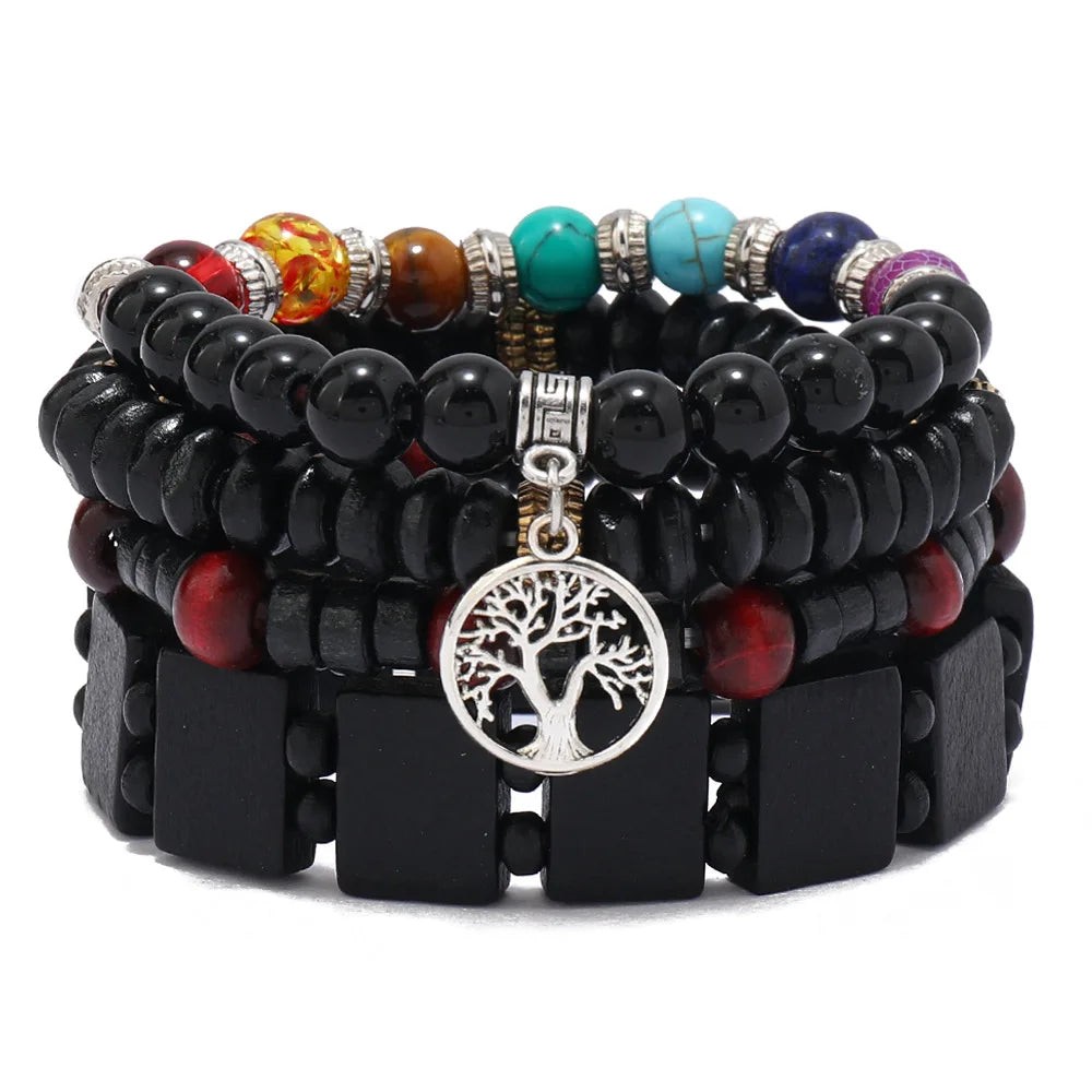 Boho Wood Bead Charm Bracelet Set