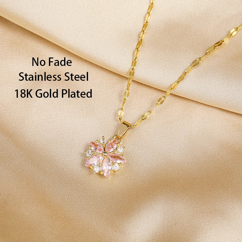Pink Sakura Pendant Stainless Steel Necklace