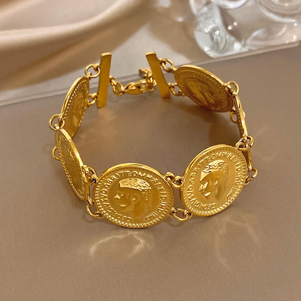 Gold-Plated Stainless Steel Coin Cuff Bracelet