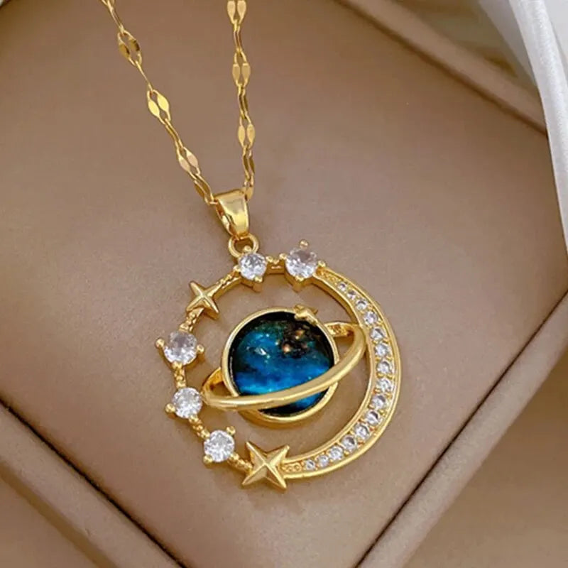 Gold Astronaut Moon & Planet Pendant Necklace
