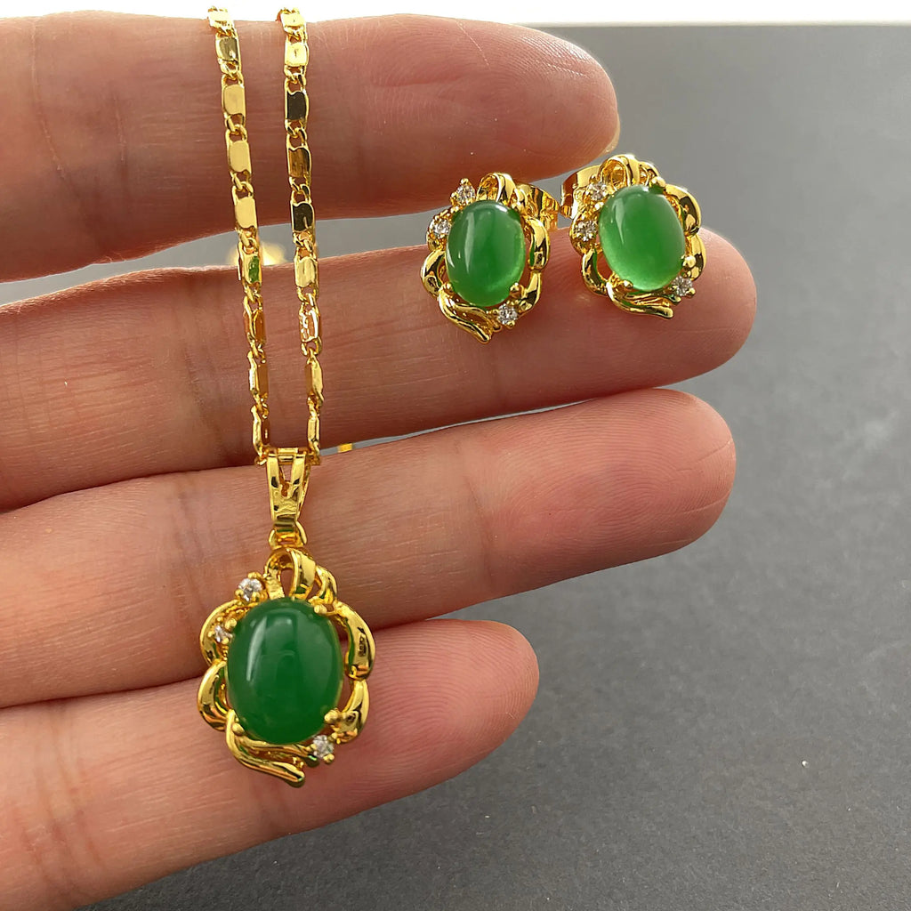 Gold Plated Emerald Pendant Necklace & Earrings Set