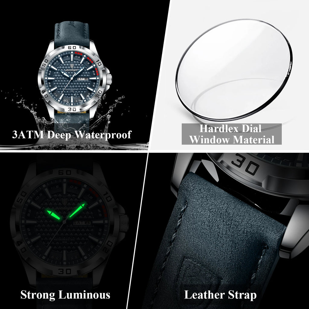 POEDAGAR Luxury Men’s Leather Sport Watch