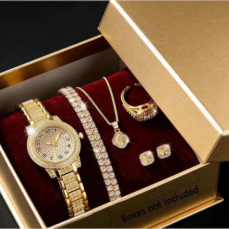 Luxury Women’s Gold Quartz Diamond Watch Set
