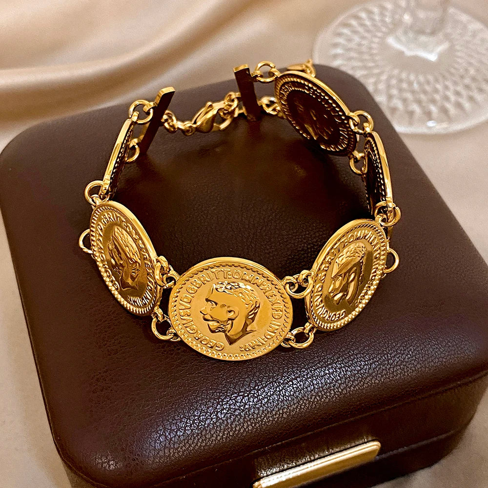 Gold-Plated Stainless Steel Coin Cuff Bracelet