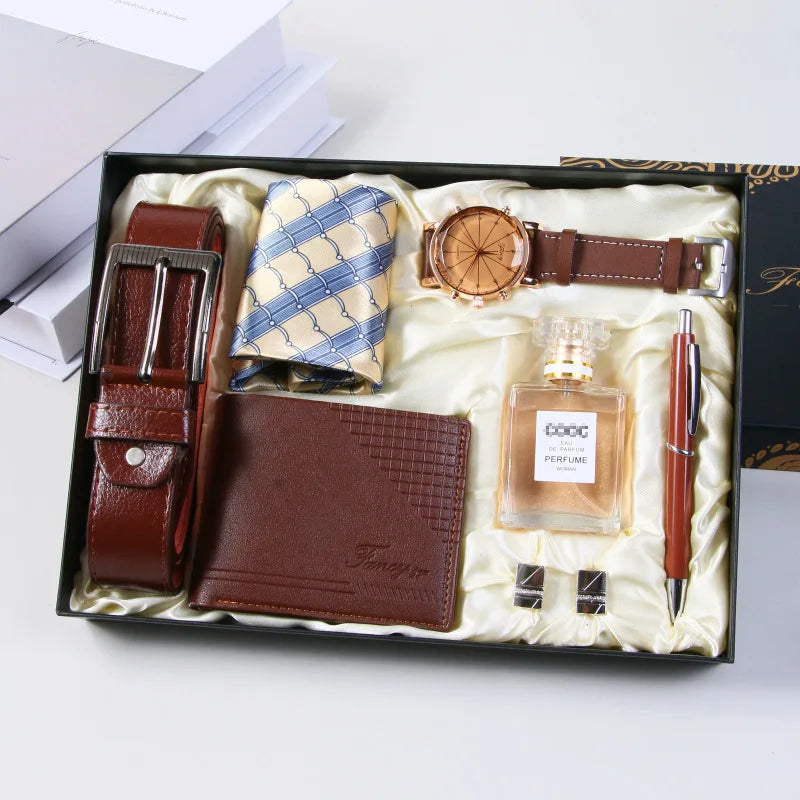 Corporate Gifts Men's Business Quartz Watch Men's Luxury Set 6-in-1 Watch Glasses Pen Keychain Belt Wallet Set Gift Box
