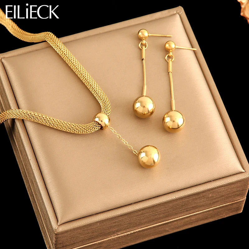 Gold Plated Bead Pendant Necklace & Earrings Set