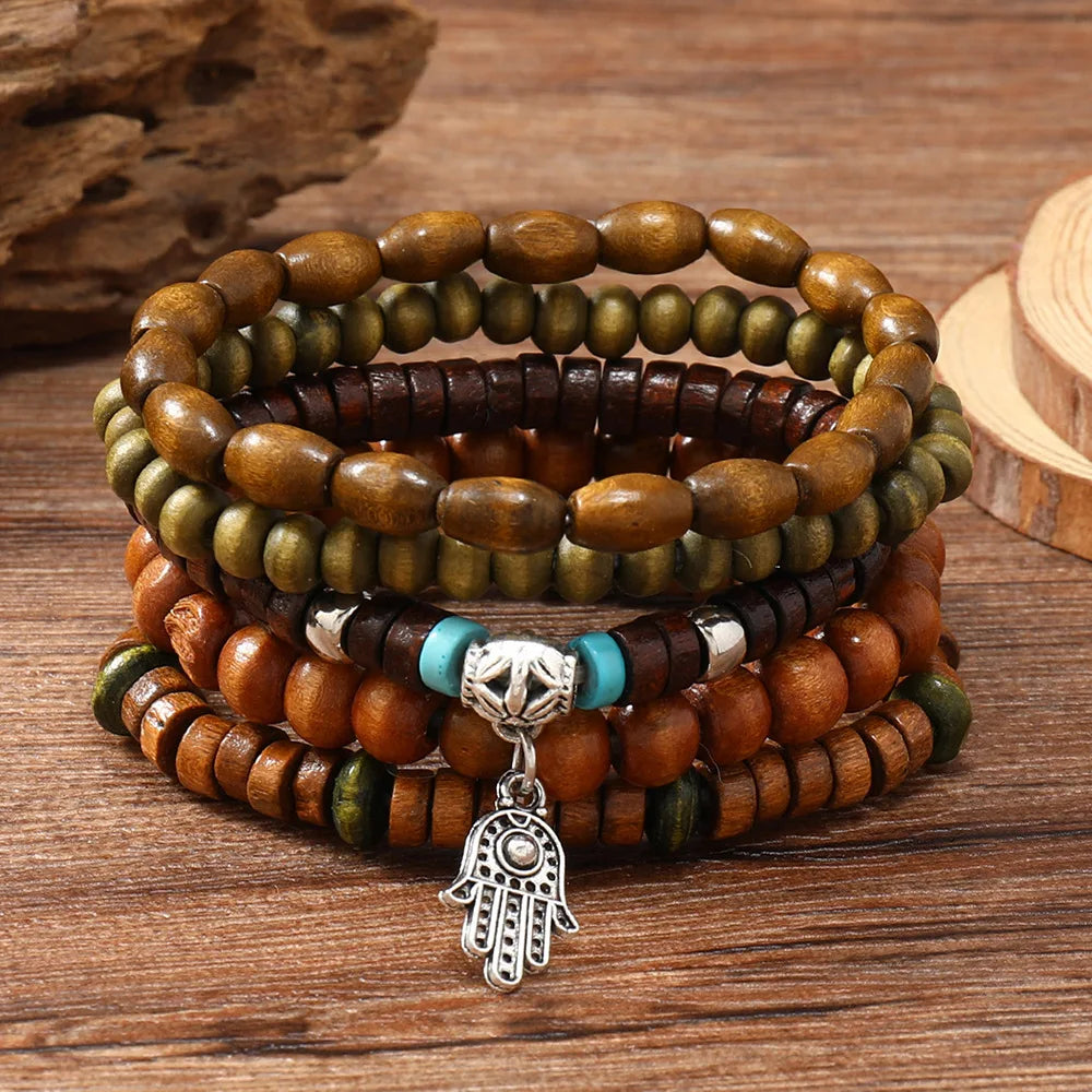 Boho Wood Bead Charm Bracelet Set