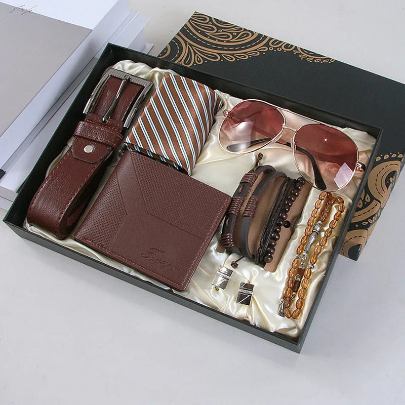 Corporate Gifts Men's Business Quartz Watch Men's Luxury Set 6-in-1 Watch Glasses Pen Keychain Belt Wallet Set Gift Box