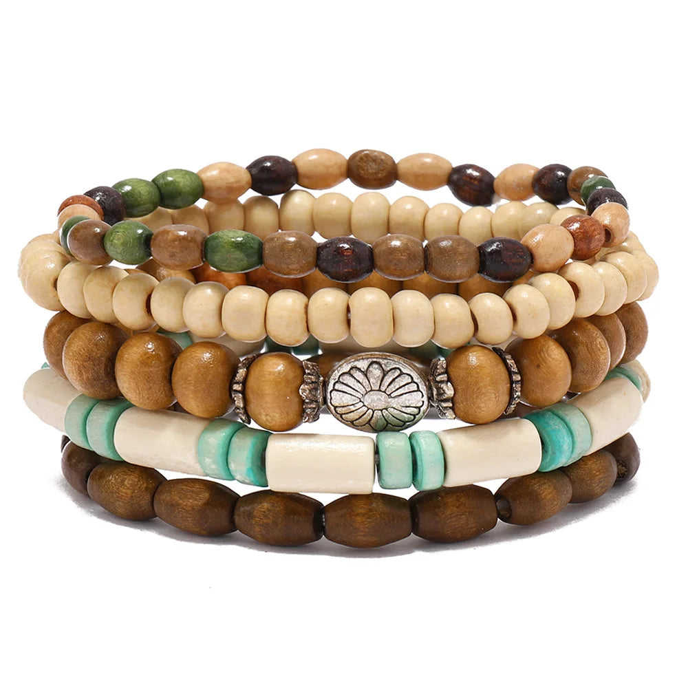 Boho Wood Bead Charm Bracelet Set