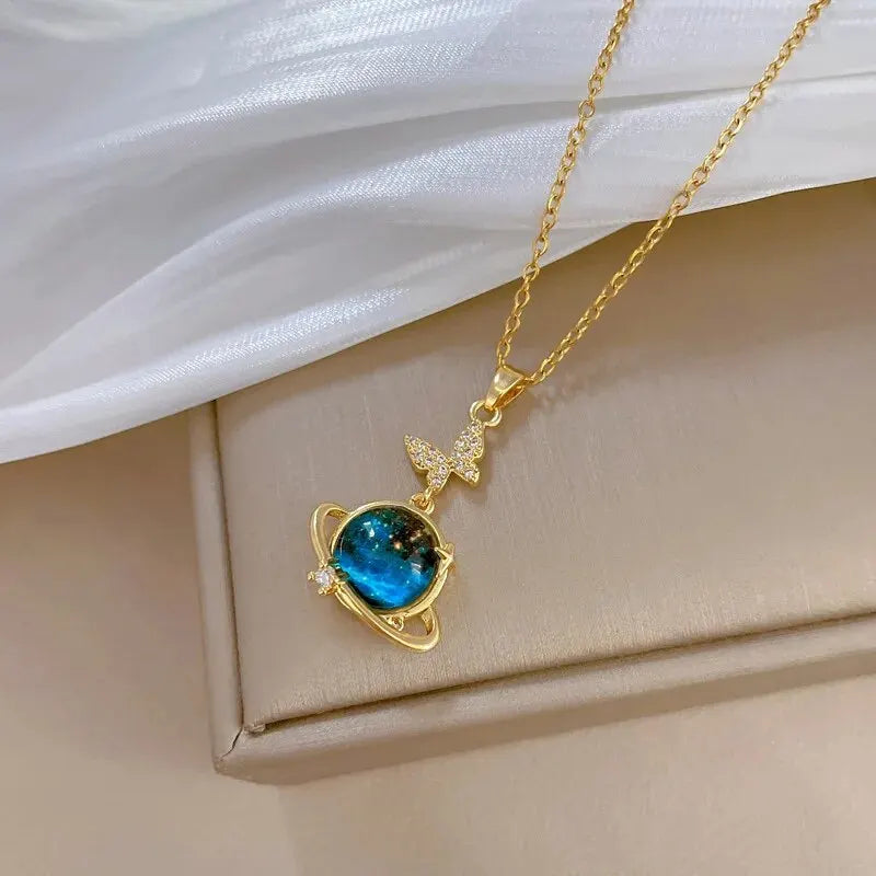 Gold Astronaut Moon & Planet Pendant Necklace